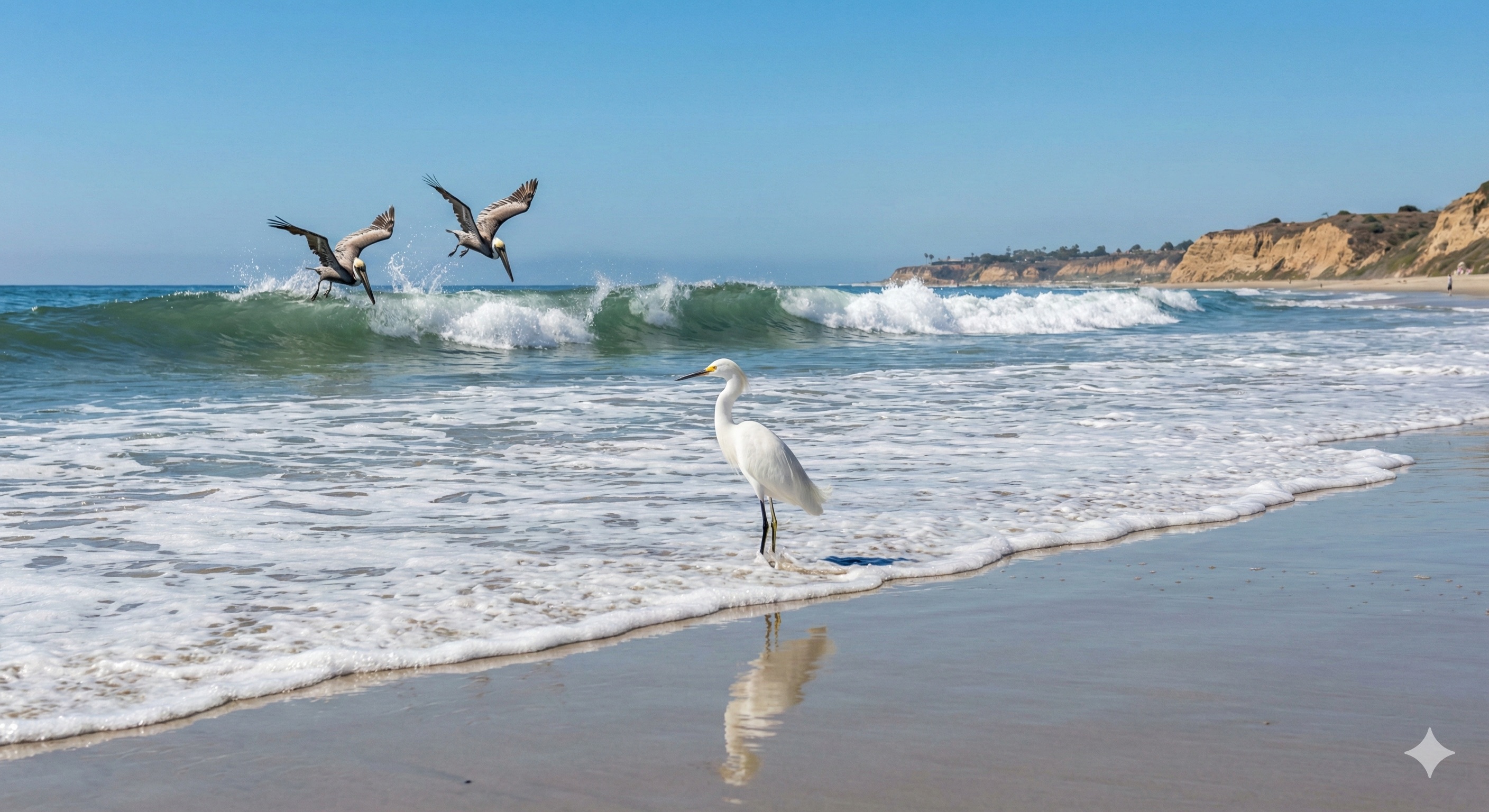 Great blue heron and brown pelicans sharing the Del Mar shoreline
